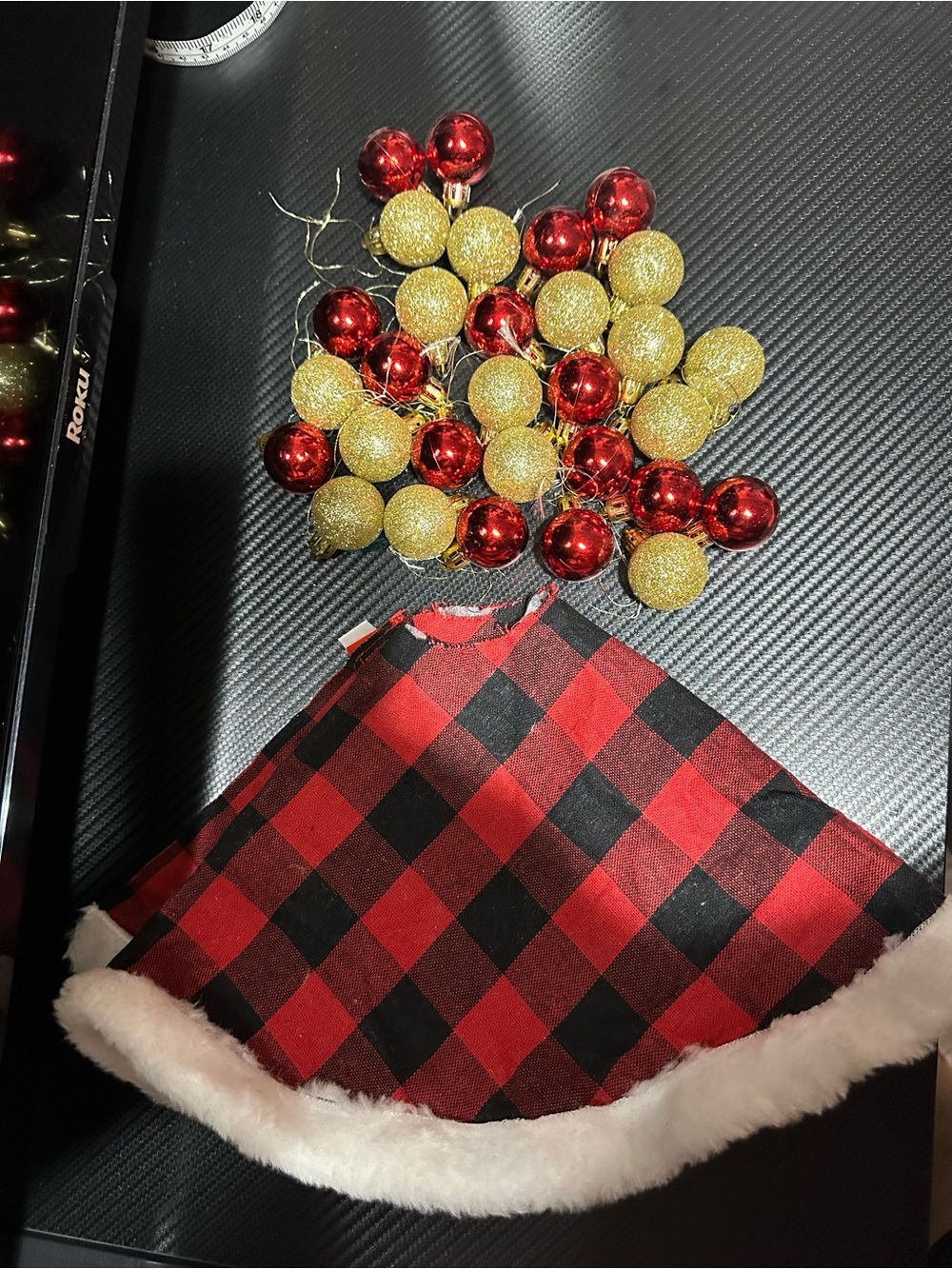 Buffalo Plaid Christmas Tree Collar with Red and Gold Ornaments